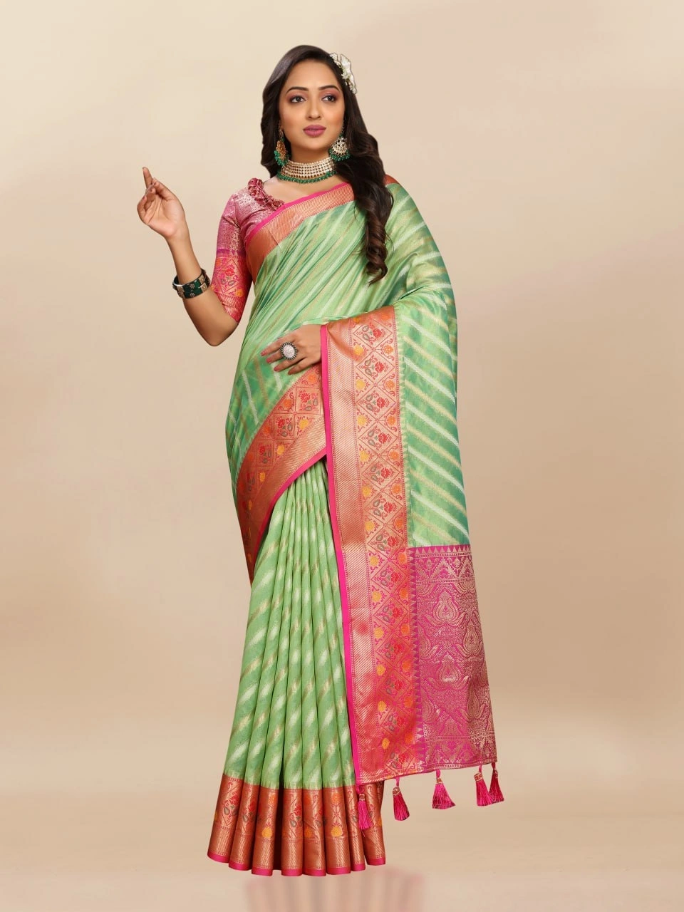 Soft Organza Silk Saree with Meenakari Weaving, Rich Pallu, Zari Border &amp; Silk Blouse-Pista-2