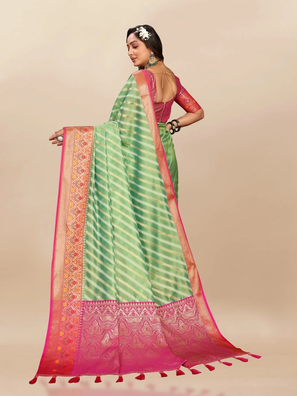 Soft Organza Silk Saree with Meenakari Weaving, Rich Pallu, Zari Border &amp; Silk Blouse-Pista-4