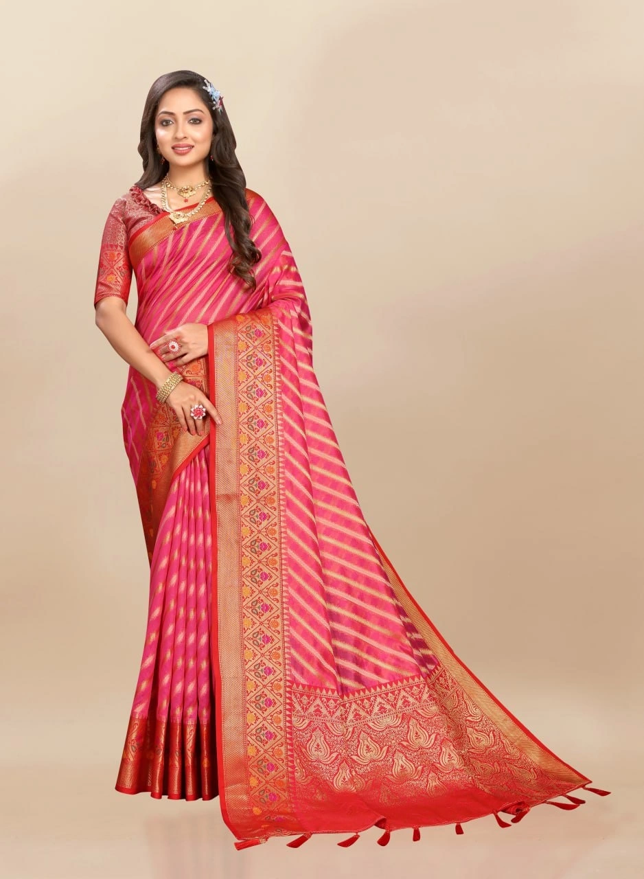 Soft Organza Silk Saree with Meenakari Weaving, Rich Pallu, Zari Border &amp; Silk Blouse-RMNX-314-Red