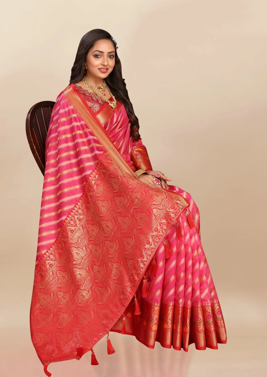 Soft Organza Silk Saree with Meenakari Weaving, Rich Pallu, Zari Border &amp; Silk Blouse-Red-1