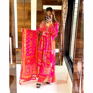 Elegant Chinon Gown Set with Silk Inner, Embroidery, and Digital Print Dupatta - Sizes M-XXL