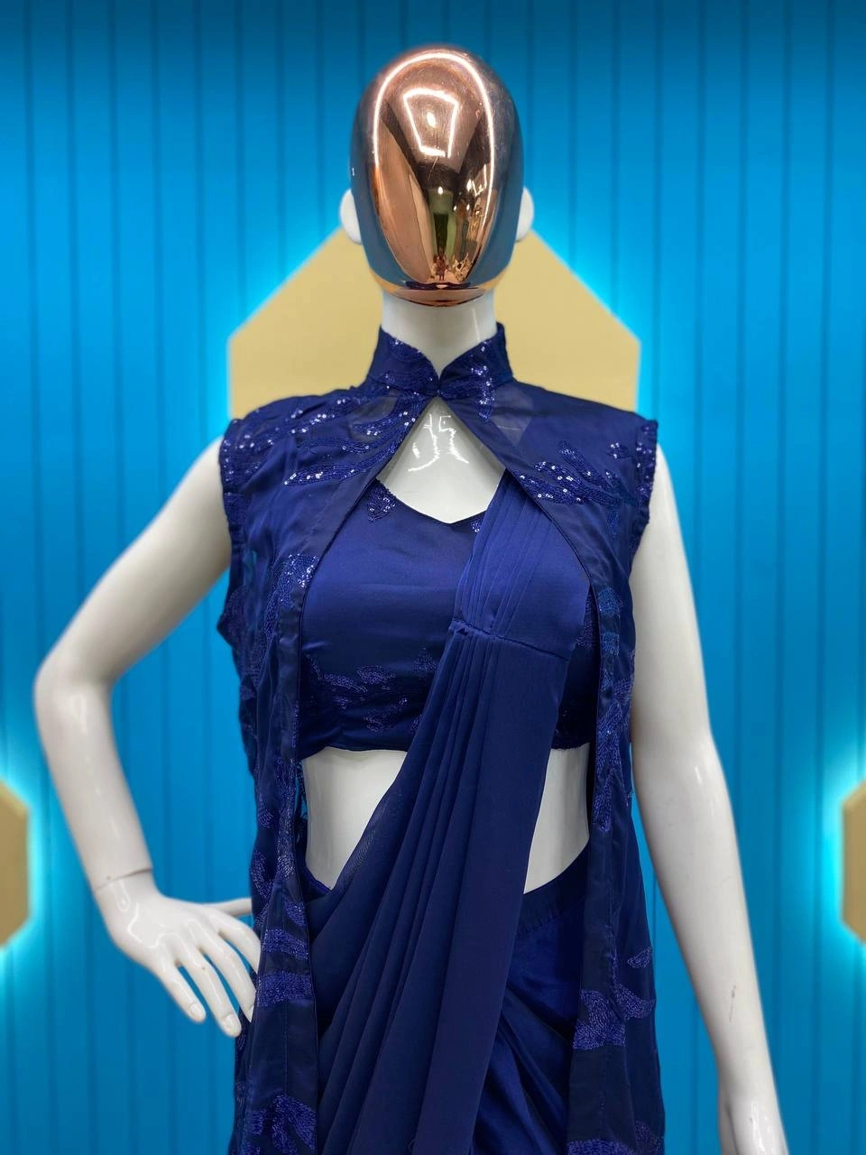 Designer Ready-to-Wear Saree with Embroidered Koti &amp; Stitched Blouse in Rangoli Silk-Navy Blue-3