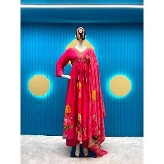 Elegant Chinon Gown with Silk Inner, Full-Stitched Bottom & Dupatta - Sizes M to XXL