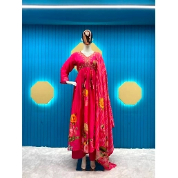 Elegant Chinon Gown with Silk Inner, Full-Stitched Bottom &amp; Dupatta - Sizes M to XXL