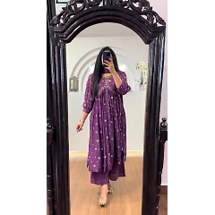 Elegant Chinon Gown with Silk Inner, Print & Embroidery Work, Free Size, Includes Dupatta