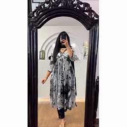 Elegant Chinon Gown with Silk Inner, Print & Embroidery Work, Free Size, Includes Dupatta