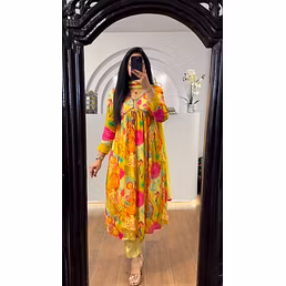 Elegant Chinon Gown with Silk Inner, Print & Embroidery Work, Free Size, Includes Dupatta