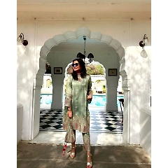 Elegant Chinon Silk Embroidered Top & Pant Set with Printed Dupatta