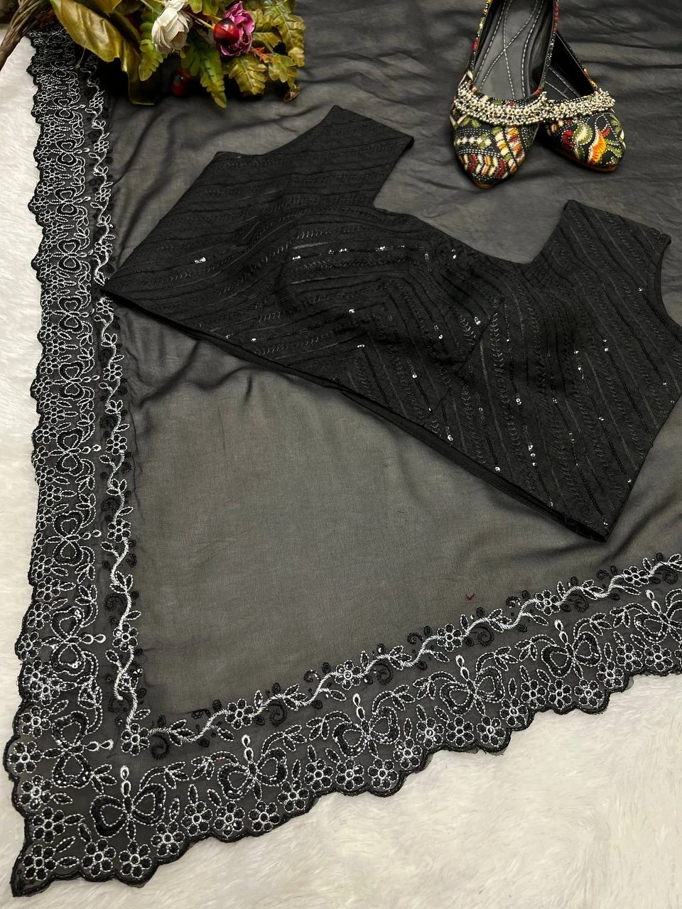 Georgette Saree with 3mm Sequence Embroidery Work, Banglori Blouse, 850gm-Black-4