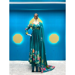 Elegant Chinon Gown with Silk Inner, Embroidery, and Digital Print Dupatta Set