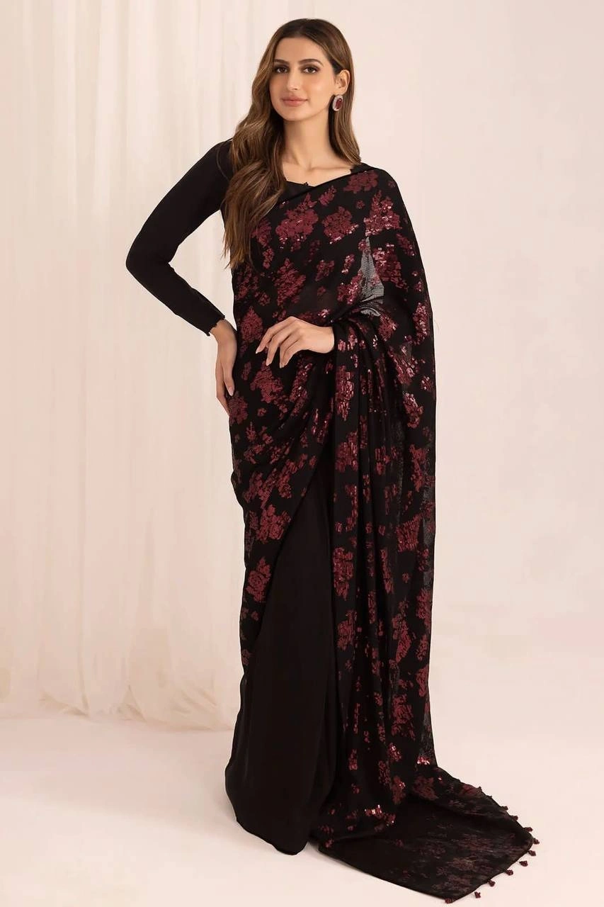 Georgette Sequence Work Saree with Latkan Lace, Border Patti &amp; Unstitched Blouse-RLG1815-Black