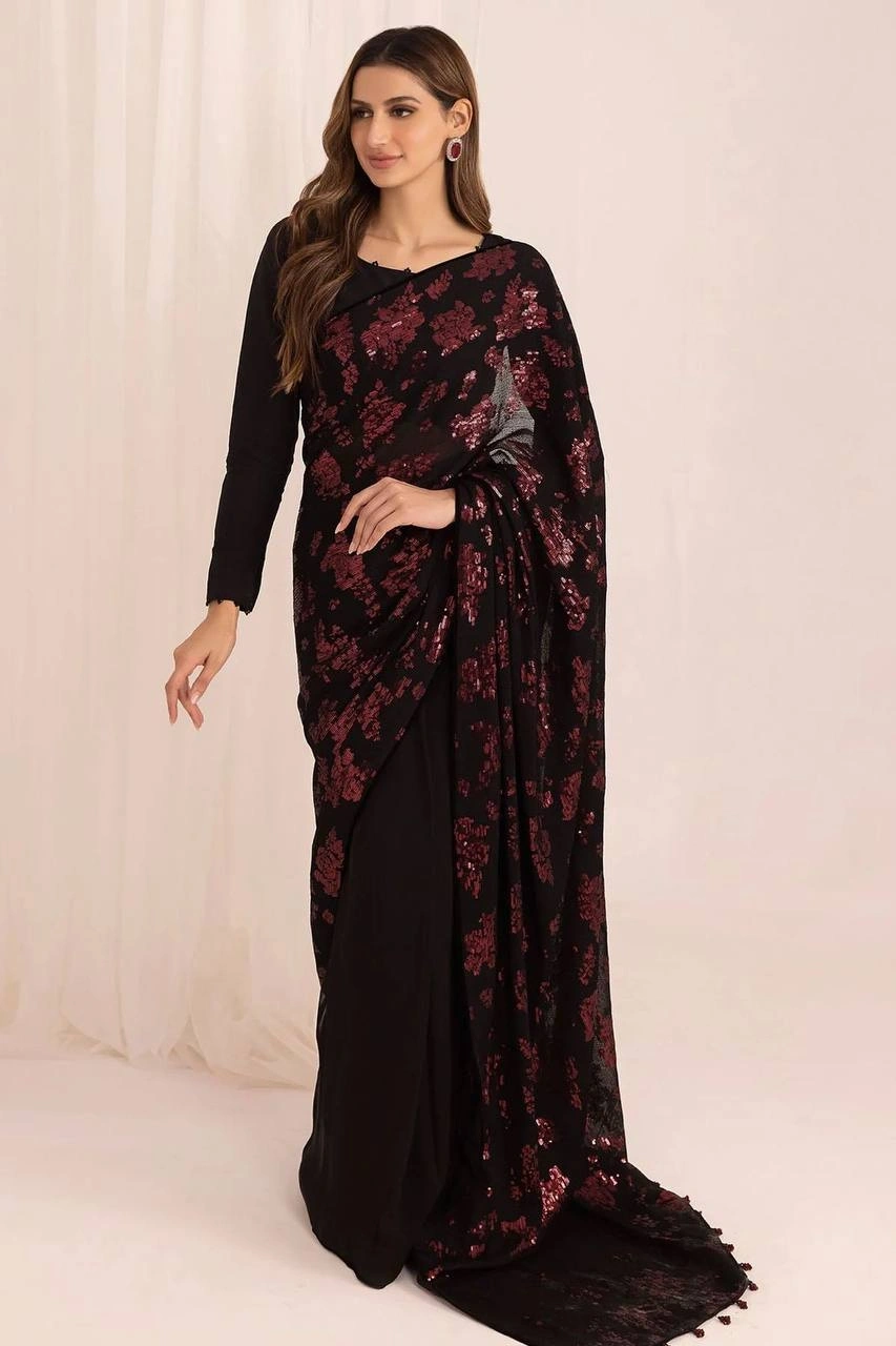 Georgette Sequence Work Saree with Latkan Lace, Border Patti &amp; Unstitched Blouse-Black-1