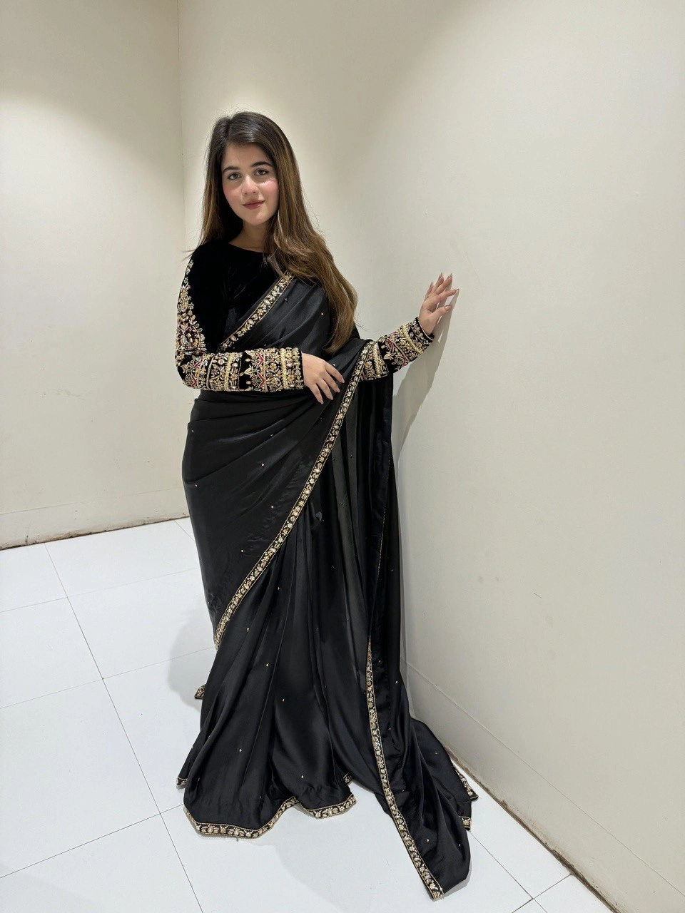 Fancy Rangoly Cording Lace &amp; Moti Work Saree with Velvet Embroidery Blouse 5.5m-RLG1791-Black