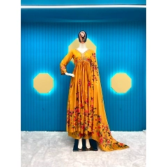 Elegant Chinon Gown with Silk Inner, Real Mirror & Moti Work, Free Size Dupatta