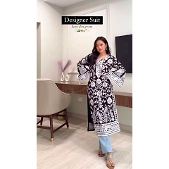 Designer Faux Georgette Suit with Chain-Stitch and Crepe Pants