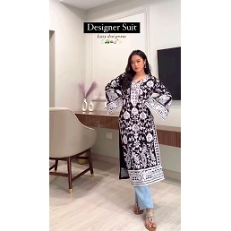 Designer Faux Georgette Suit with Chain-Stitch and Crepe Pants