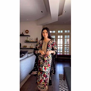 Designer Tafeta Satin Suit with Sequin & Thread Work, Faux Georgette Dupatta