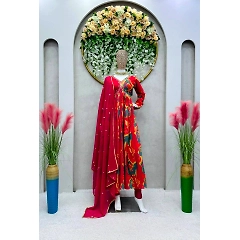 Designer Muslin Cotton Suit with Digital Print, Hand Work, and Inner, Crep Pent with Elastic, Faux Georgette Dupatta with Sequnce Work and Fancy Lace