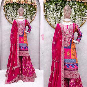 Designer Silk Suit Set with Sequin & Stone Work - Crep Silk Fabric, Sharara & Dupatta Included