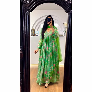 Designer Padded Suit Set - Muslin Cotton, Digital Print, Hand Work, Crepe Pants, Faux Georgette Dupatta