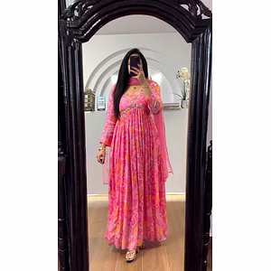 Designer Padded Suit Set - Muslin Cotton, Digital Print, Hand Work, Crepe Pants, Faux Georgette Dupatta