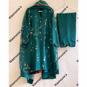 Beautiful Designer Suit on Crep Silk with Digital Print and Sequnce Work, Crep Silk Pent, and Tibby Silk Dupatta with Digital Print