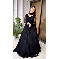 Elegant Georgette Gown with Lace & Tassel Detailing