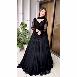 Elegant Georgette Gown with Lace & Tassel Detailing