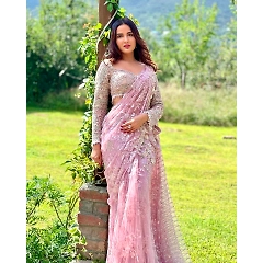Designer Soft Net Saree with Thread & Sequin Work and Soft Net Blouse with Thread & Sequin Work