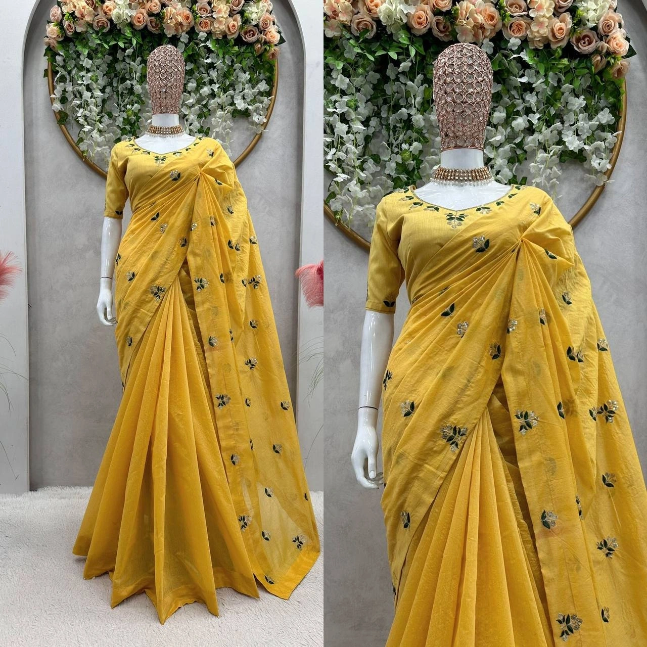 Elegant Chanderi Silk Saree with Thread &amp; Sequence Work and Benglori Silk Blouse-Yellow-4