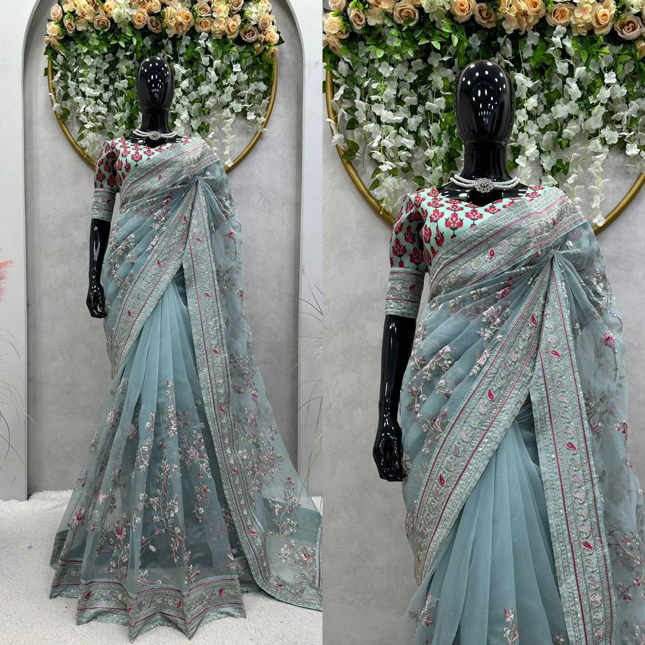 Designer Organza Silk Saree with Thread &amp; Sequin Work and Satin Silk Blouse (Un-Stitched)-RKD482-SkyBlue