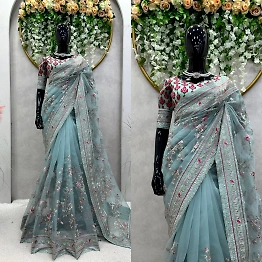 YNF Designer Organza Silk Saree with Thread & Sequin Work and Satin Silk Blouse (Un-Stitched)