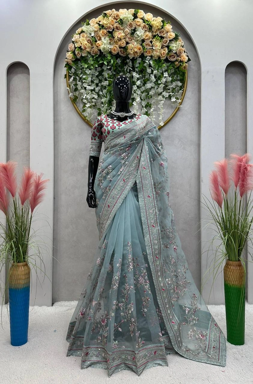 Designer Organza Silk Saree with Thread &amp; Sequin Work and Satin Silk Blouse (Un-Stitched)-Sky Blue-1