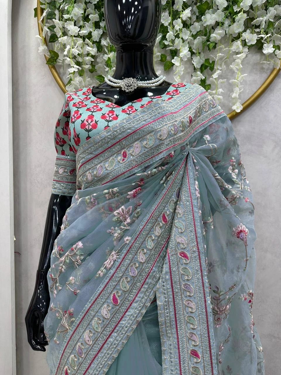 Designer Organza Silk Saree with Thread &amp; Sequin Work and Satin Silk Blouse (Un-Stitched)-Sky Blue-2