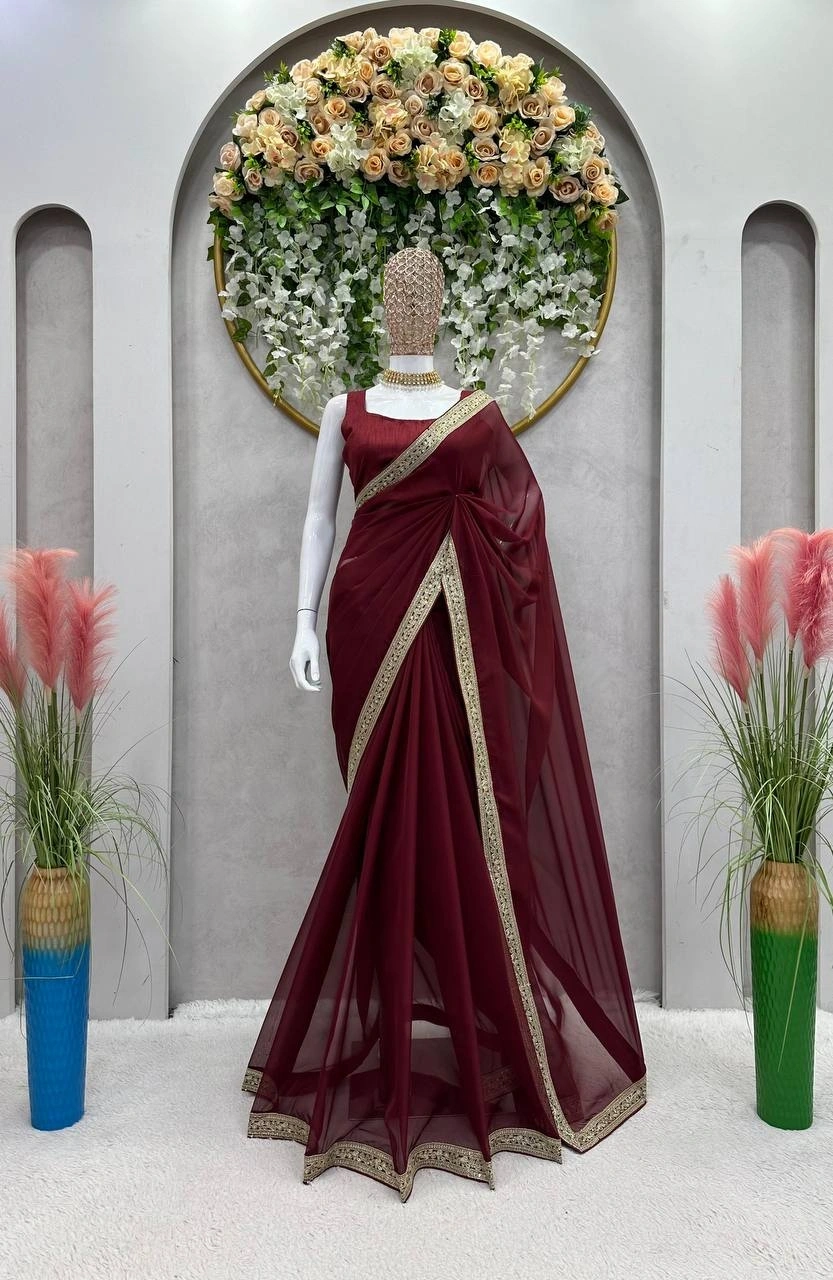 Beautiful Designer Saree: Tibby Silk, Thred &amp; Sequnce Work, Blouse: Mono Benglori (Un-Stitched)-Maroon-2