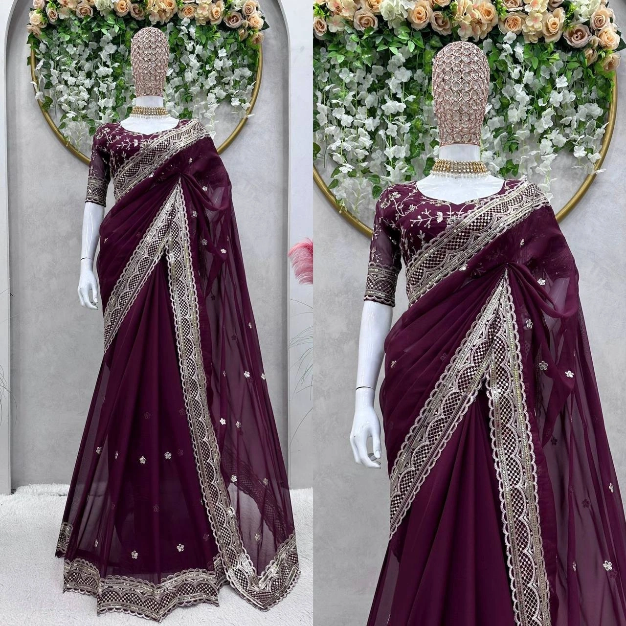 Designer Heavy Tibby Silk Saree with Thread &amp; Sequin Work and Faux Tibby Silk Blouse-RKD474-Wine