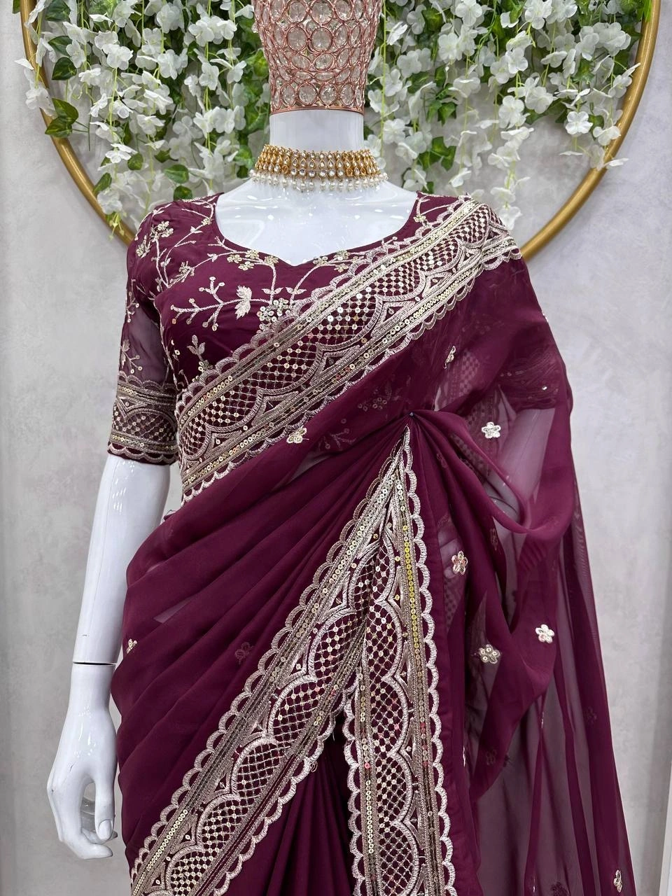 Designer Heavy Tibby Silk Saree with Thread &amp; Sequin Work and Faux Tibby Silk Blouse-Maroon-2