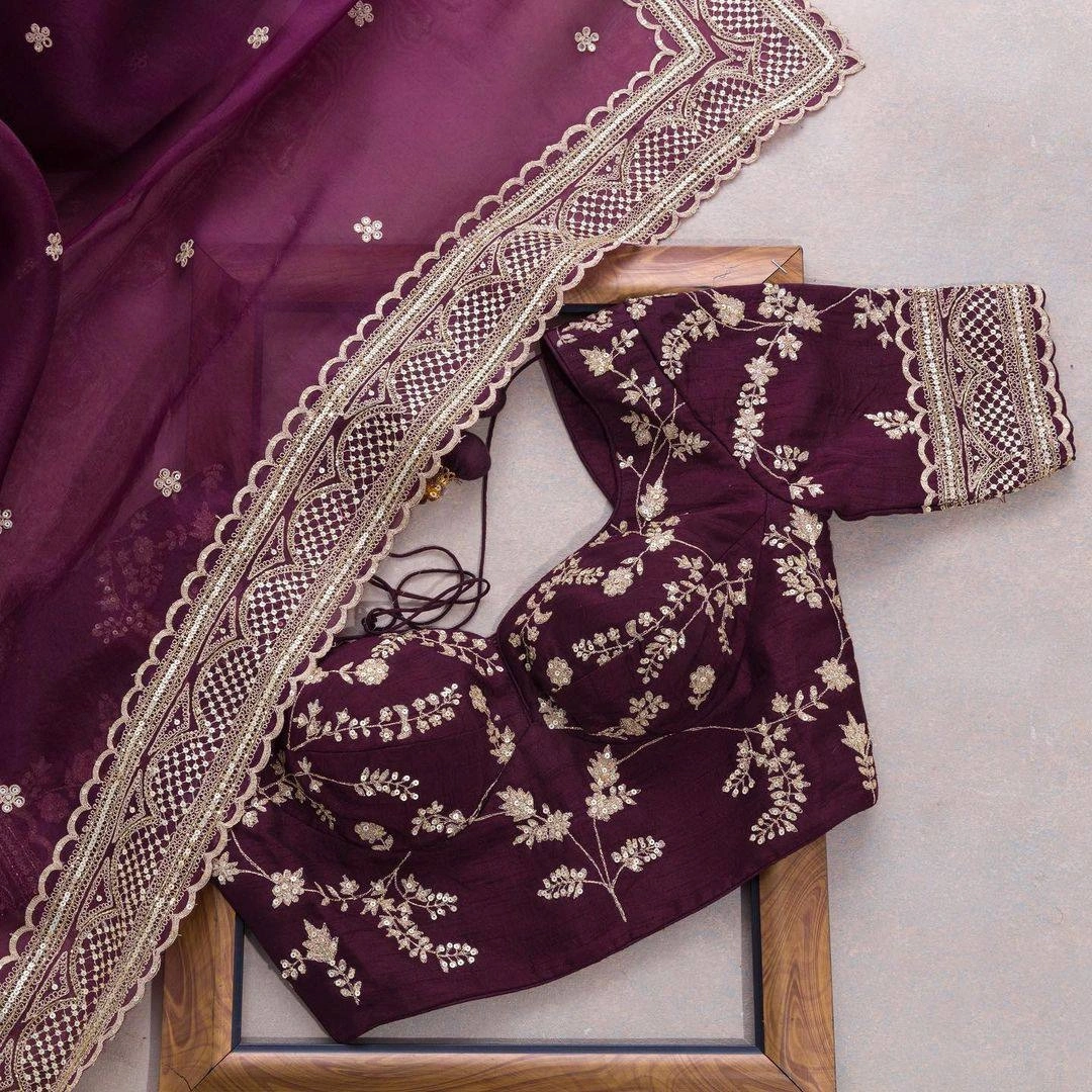 Designer Heavy Tibby Silk Saree with Thread &amp; Sequin Work and Faux Tibby Silk Blouse-Maroon-3