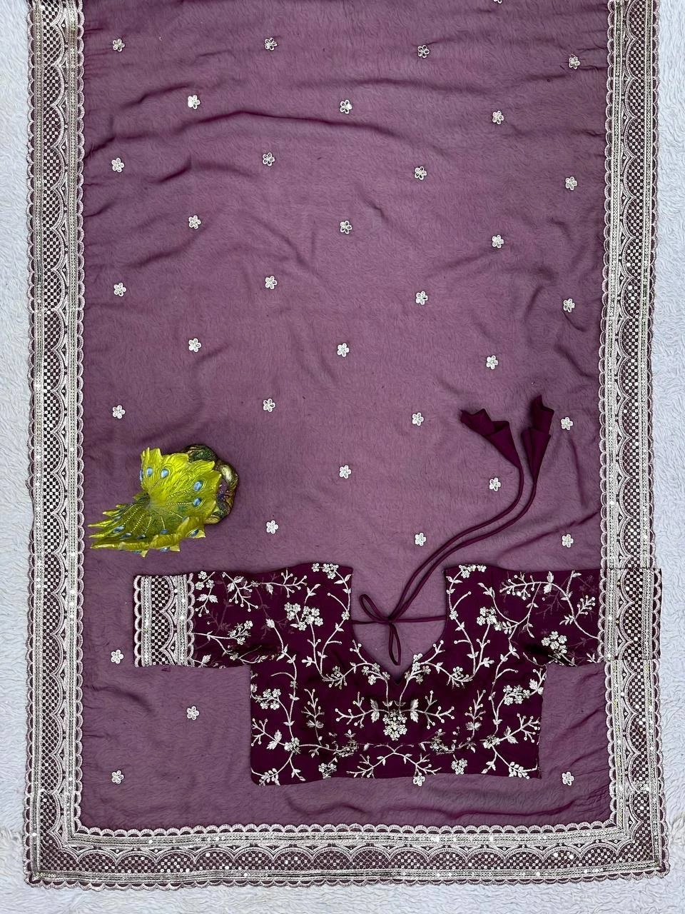 Designer Heavy Tibby Silk Saree with Thread &amp; Sequin Work and Faux Tibby Silk Blouse-Maroon-5