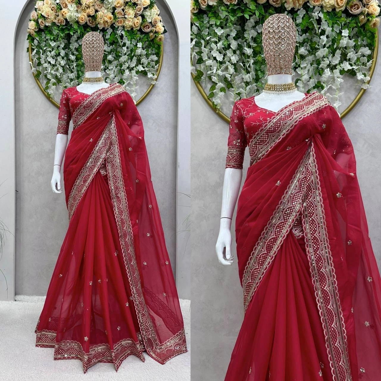 Designer Heavy Tibby Silk Saree with Thread &amp; Sequin Work and Faux Tibby Silk Blouse-RKD474-Red