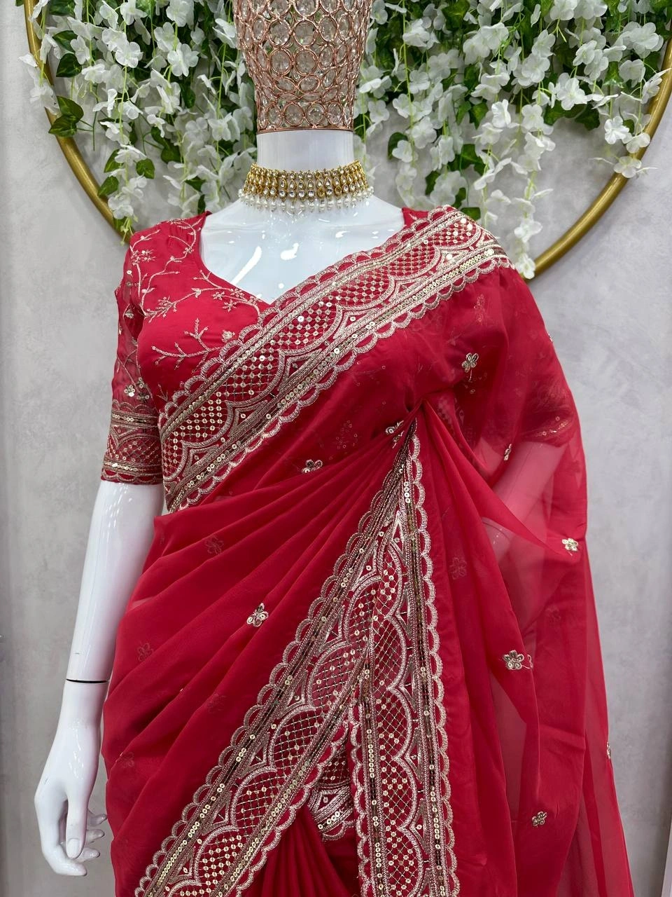 Designer Heavy Tibby Silk Saree with Thread &amp; Sequin Work and Faux Tibby Silk Blouse-Red-2