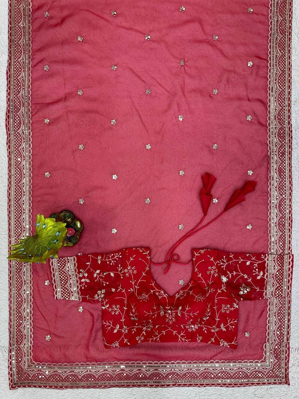 Designer Heavy Tibby Silk Saree with Thread &amp; Sequin Work and Faux Tibby Silk Blouse-Red-5