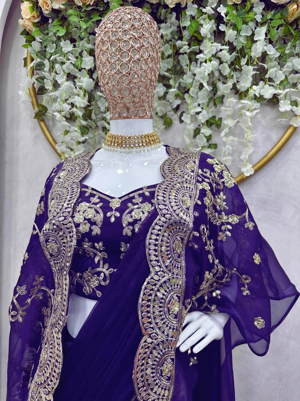 Designer Ready-to-Wear Saree with Thread &amp; Sequin Work, Jimmy Choo Fabric, and Matching Shrug and Blouse-Purple-5