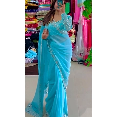 Beautiful Designer Saree with Thread & Sequin Work - Faux Georgette Fabric (Blouse Included)