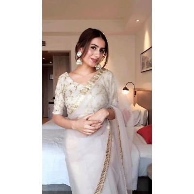 YNF Beautiful Designer Saree on Soft Net Fabric with Thread & Sequence Work and Unstitched Blouse on Benglori Silk Fabric with Thread & Sequence Work