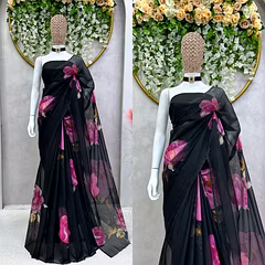 Organza Silk Hot Fix Saree with Digital Print & Benglori Silk Plain Blouse