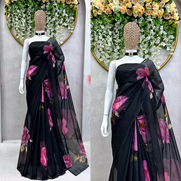 Organza Silk Hot Fix Saree with Digital Print & Benglori Silk Plain Blouse