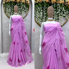 Beautiful Designer Organza Silk Saree with Digital Print & Hot Fix Work, Benglori Silk Blouse (Unstitched)