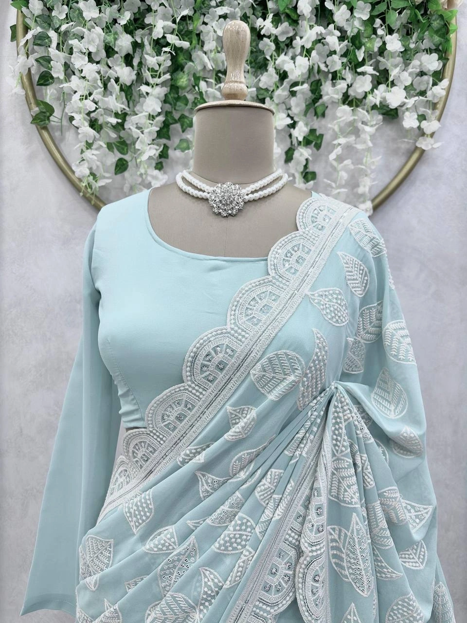 Faux Georgette Designer Saree with Thread &amp; Sequin Work and Blouse Set-Sky Blue-3