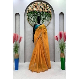 YNF Beautiful Designer Tibby Silk Saree with Thred & Moti Work and Mono Benglori Silk Blouse